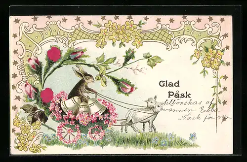 AK Osterhase auf dem Blütenwagen, Lämmer