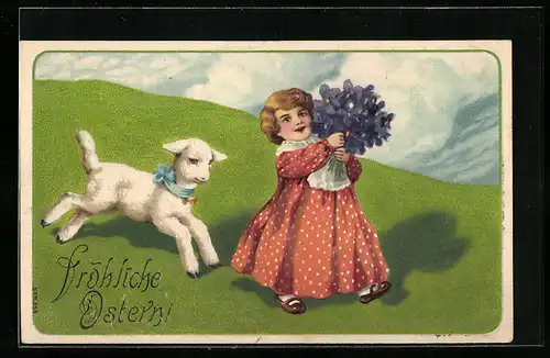 AK Kind mit Blumenstrauss und Lamm zu Ostern