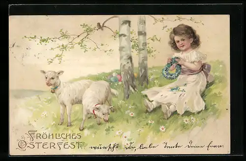 AK Kleines Mädchen mit zwei Schafen flechtet einen Blumenkranz zu Ostern