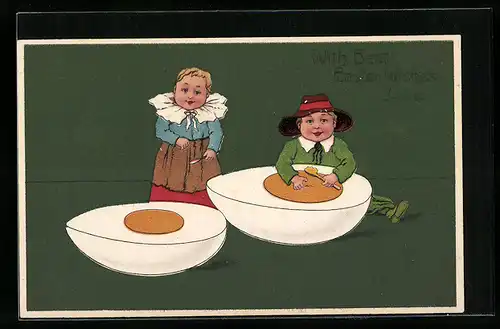 AK Kinder löffeln ein gekochtes Ei zu Ostern