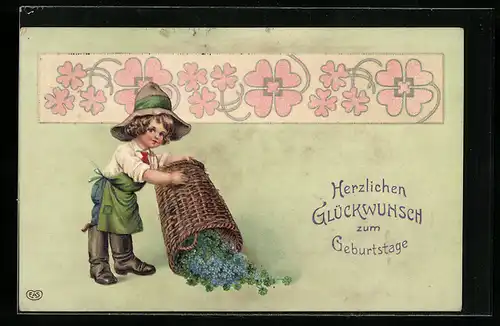 AK Junge leert Korb mit Kleeblättern