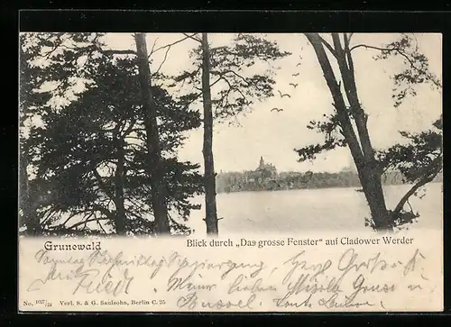 AK Grunewald, Blick durch das grosse Fenster auf Cladower Werder