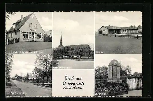 AK Osterbruch, Dorfansicht, Schule, Ehrenmal