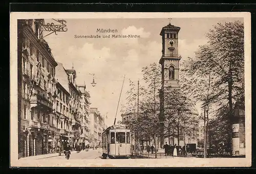 AK München, Sonnenstrasse und Matthäus-Kirche mit Strassenbahn