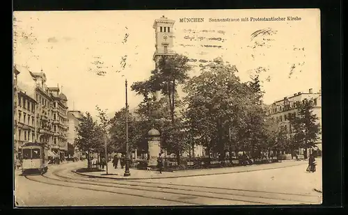 AK München, Sonnenstrasse mit Protestantischer Kirche, Strassenbahn