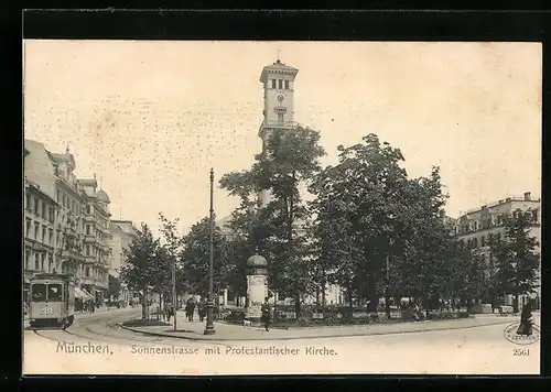 AK München, Sonnenstrasse mit Protestantischer Kirche und Strassenbahn