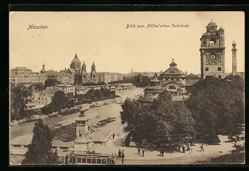 AK München, Blick zum Müller'schen Volksbade, Strassenbahn