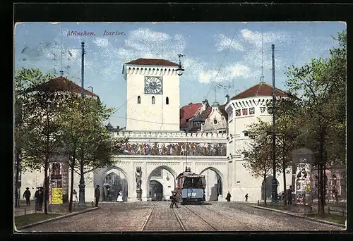 AK München, Blick auf das Isartor, Strassenbahn