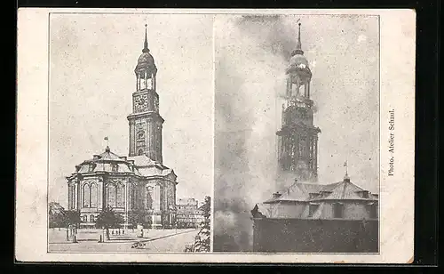 AK Hamburg-Neustadt, Grosse Michaeliskirche vor und während des Brandes 1906