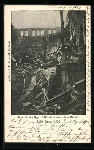 AK Stuttgart, Inneres des Hoftheaters nach dem Brand im Januar 1902