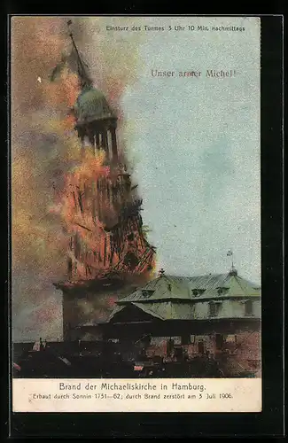 AK Hamburg-Neustadt, Brand der Michaeliskirche 1906, Einsturz des Glockenturms