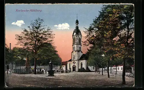 AK Karlsruhe-Mühlberg, Ortspartie mit Kirche und Obelisk