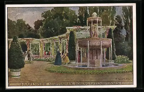 Künstler-AK Karlsruhe, Stadtgarten, am Rosengartenbrunnen