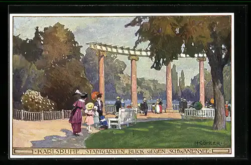 Künstler-AK Karlsruhe, Stadtgarten, Blick gegen Schwanensee