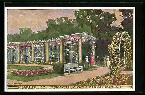 Künstler-AK sign. H. Göhler: Karlsruhe, Stadtgarten, Pergola im Rosengarten