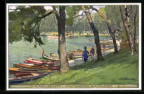 Künstler-AK sign. H. Göhler: Karlsruhe, Bootslaende im Stadtgarten