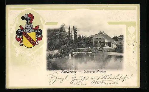Passepartout-AK Karlsruhe, Gaststätte Schwarzwaldhaus, vom Wasser gesehen, Wappen Fidelitas