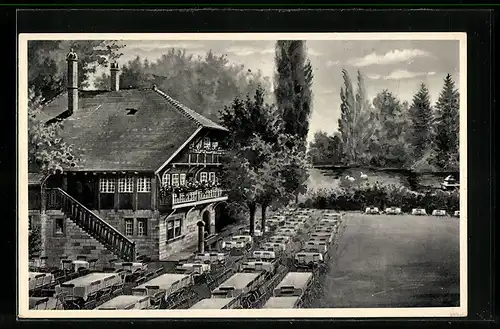 AK Karlsruhe, Gasthof Schwarzwaldhaus aus der Vogelschau