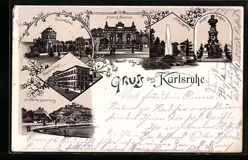 Lithographie Karlsruhe, Malsch Brunnen, Stadtgarten & Lauterberg, Polytechnikum