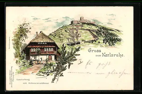 Lithographie Karlsruhe, Teilansicht Lauterberg mit Schwarzwaldhaus