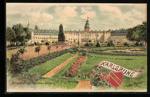 Lithographie Karlsruhe, Schloss mit Anlagen und Denkmal, Wappen