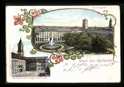 Passepartout-AK Karlsruhe, Friedrichsplatz, Markplatz mit ev. Kirche