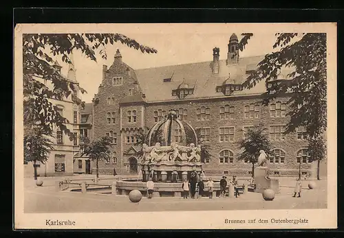 AK Karlsruhe, Brunnen auf dem Gutenbergplatz