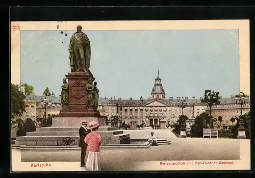 AK Karlsruhe, Residenzschloss mit Carl-Friedrich-Denkmal