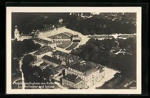 AK Karlsruhe, Landestheater und Schloss, Fliegeraufnahme