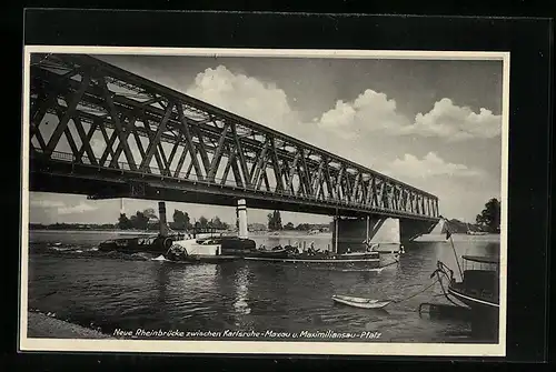 AK Karlsruhe-Maxau, Dampfer unter neuer Rheinbrücke