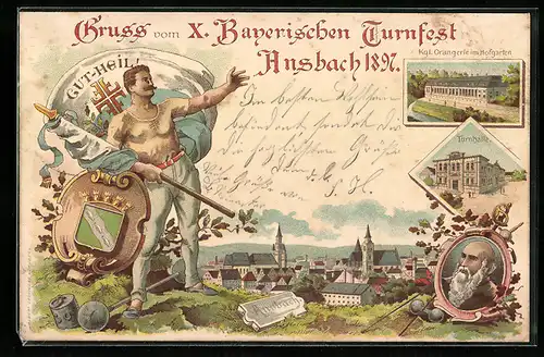 Lithographie Ansbach, X. Bayerisches Turnfest 1897, Turnhalle, Kgl. Orangerie im Hofgarten
