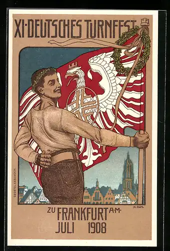 Künstler-AK Frankfurt a. Main, XI. Deutsches Turnfest 1908, Turner mit Fahne