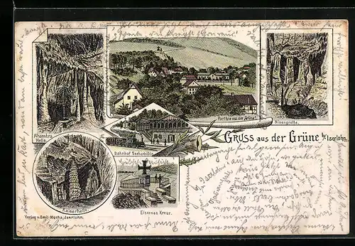 Lithographie Grüne b. Iserlohn, Bahnhof Dechenhöhle, Eisernes Kreuz, Kaiserhalle