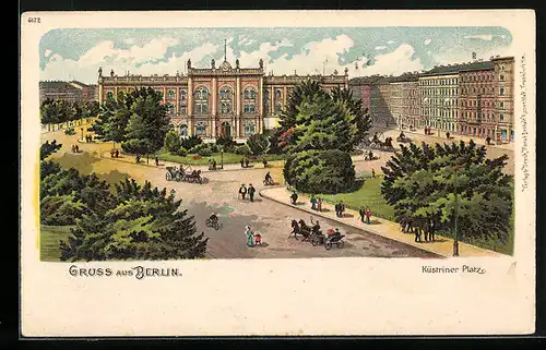 Lithographie Berlin-Friedrichshain, Küstriner Platz mit Wohnhäusern, Pferdekutschen