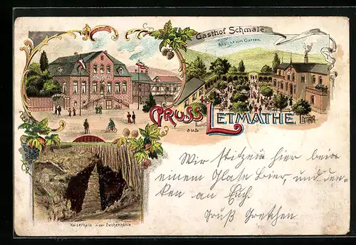 Lithographie Letmathe, Gasthof Schmale, Garten, Kaiserhalle in der Dechenhöhle