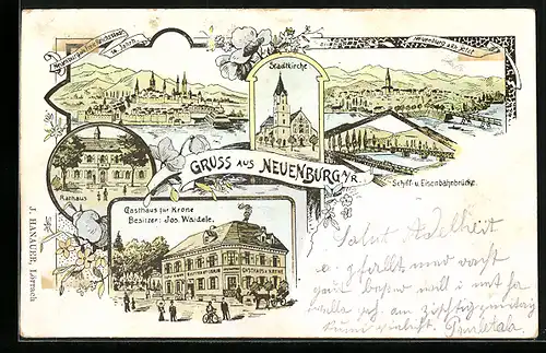 Lithographie Neuenburg a. R., Gasthaus zur Krone, Rathaus, Schiff- und Eisenbahnbrücke