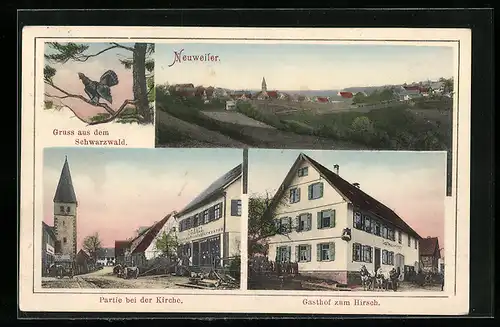 AK Neuweiler /Schwarzwald, Gasthof zum Hirsch, Kirche mit Geschäft von I. G. Rall, Teilansicht