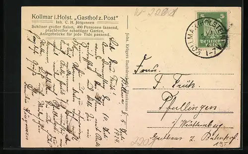 AK Kollmar i. Holst. Gasthof zur Post von C. H. Jürgensen