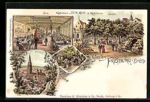 Lithographie Freiburg, Restaurant zum Kopf, Saal, Garten, Aussen- u. Innenansicht, Münster, Felsengrotte