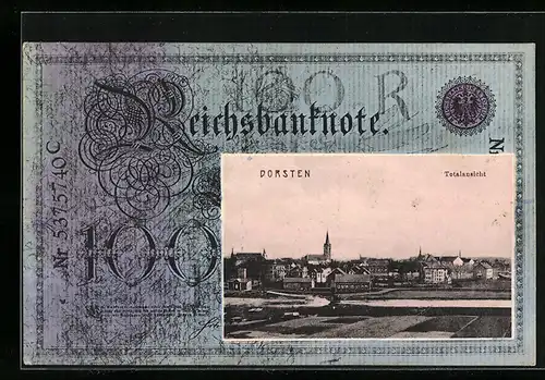 Geldschein-AK Dorsten, Totalansicht der Stadt, Reichsbanknote 100 Mark