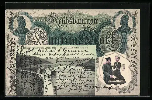 AK Solingen, Solinger Talsperre im Sengbachtal im Geldschein, Passepartout