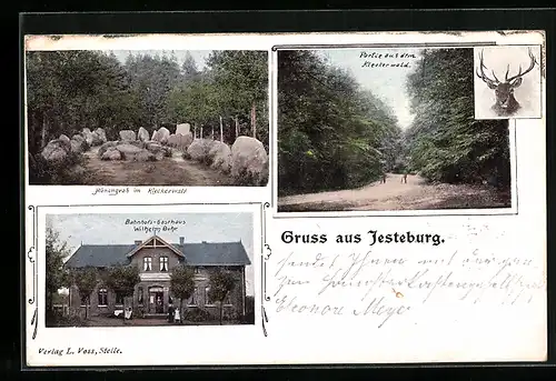 Passepartout-AK Jesteburg, Bahnhofs-Gasthaus W. Buhr, Hünengrab im Kleckerwald