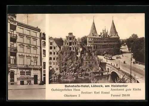 AK Lübeck, Bahnhofshotel K. Kossel, Obertrave 3, Holstentor mit Brücke aus der Vogelschau