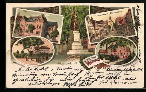 Lithographie Wunstorf, Präparanden-Anstalt, Kriegerdenkmal, Strassenpartie mit Kirche