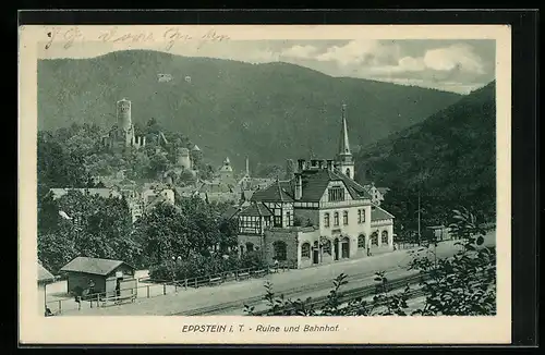 AK Eppstein i. T., Ruine und Bahnhof mit Strasse aus der Vogelschau