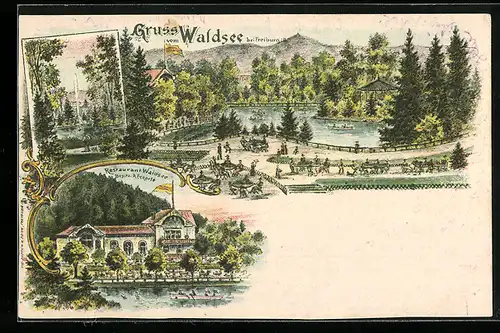 Lithographie Freiburg, Restaurant zum Waldsee D. Eckerle mit Garten und See