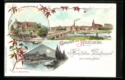 Lithographie Havelberg, Dom, Stadtgraben bei Vollmond, Ortsansicht mit Brücke