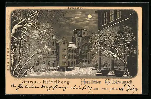 Winter-Lithographie Heidelberg, Schlosshof