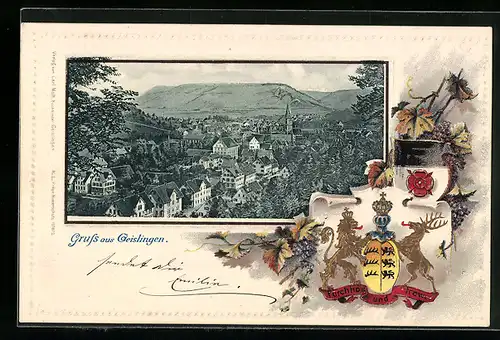 Passepartout-Lithographie Geislingen, Ortsansicht aus der Vogelschau, Wappen, Weintrauben