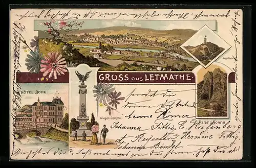 Lithographie Letmathe, Hotel Bohe, Kriegerdenkmal, Gesamtansicht aus der Vogelschau